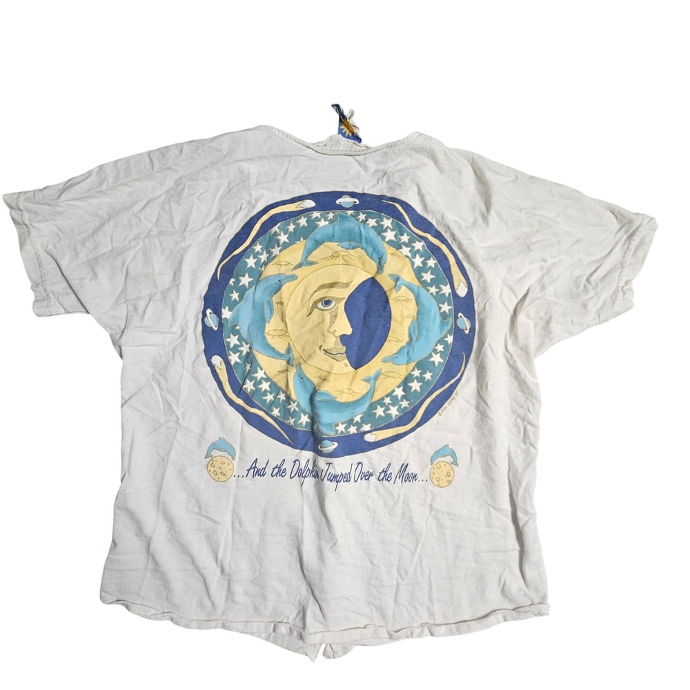 VTG Sun Lover Bodega Bay Celestial Dolphin Button Front Tee M Retro 90s Beach